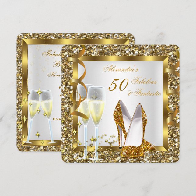 Invitation Fabuleux 50 talons d'or fantastique fête d'anniver (Devant / Derrière)