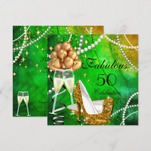 Invitation Fabuleux 50 talons d'or vert Champagne Anniversair (Devant / Derrière)