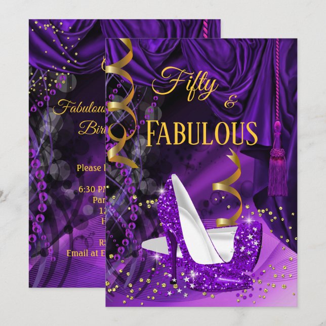 Invitation Fabuleux 50 talons d'or violet fête d'anniversaire (Devant / Derrière)