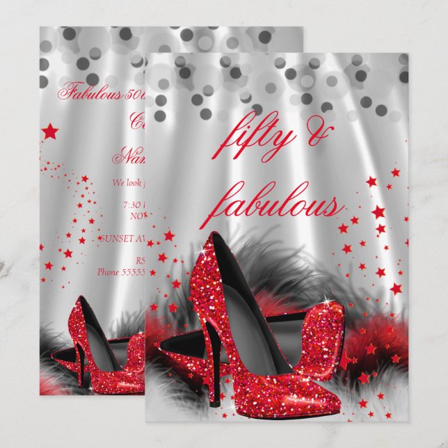 Invitation Fabuleux 50 talons rouges Noir Argent Anniversaire (Devant / Derrière)