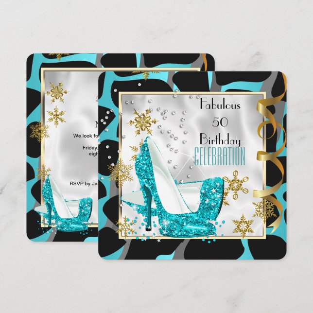 Invitation Fabuleux 50 Turquoise Black White Wild Birthday Pa (Devant / Derrière)