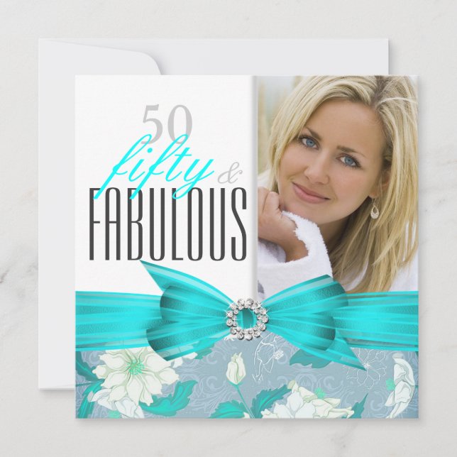 Invitation Fabuleux 50 Turquoise Blue Floral fête d'anniversa (Devant)