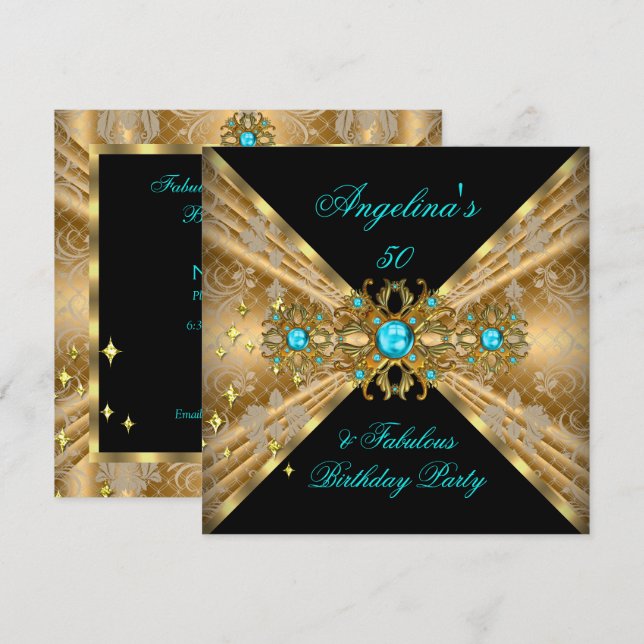 Invitation Fabuleux 50 Turquoise Blue Gold Black Damask Anniv (Devant / Derrière)