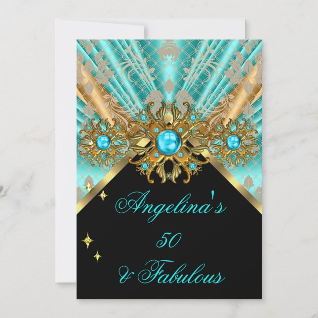 Invitation Fabuleux 50 Turquoise Blue Gold Black Damask Anniv (Devant)