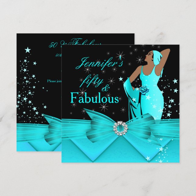 Invitation Fabuleux 50 Turquoise Glamour Rétro Femme Annivers (Devant / Derrière)