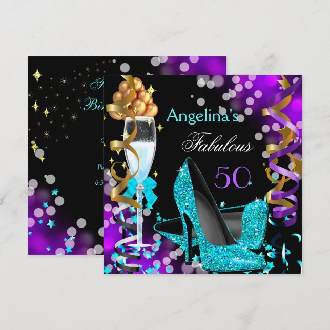 Invitation Fabuleux 50 Turquoise Purple Heels Gold Bubbles Pa (Devant / Derrière)