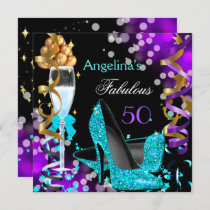 Invitation Fabuleux 50 Turquoise Purple Heels Gold Bubbles Pa