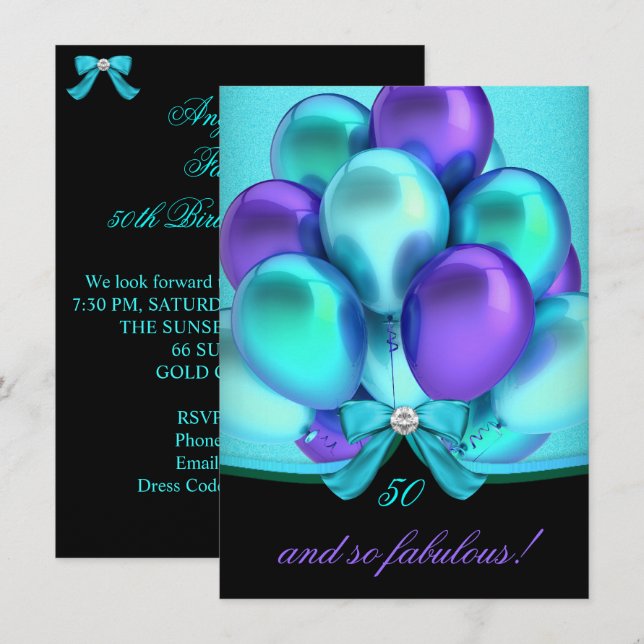 Invitation Fabuleux 50 Turquoise violet Black Balloons Party (Devant / Derrière)