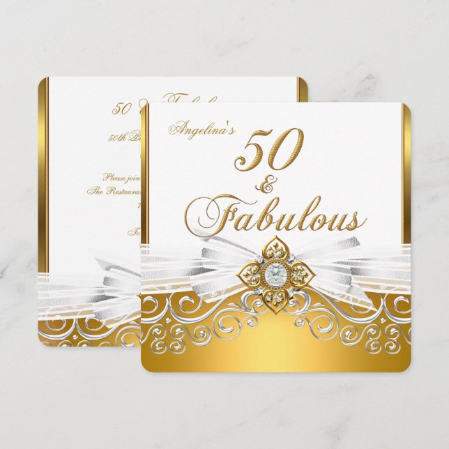 Invitation Fabuleux 50 White Gold Damask fête d'anniversaire (Devant / Derrière)