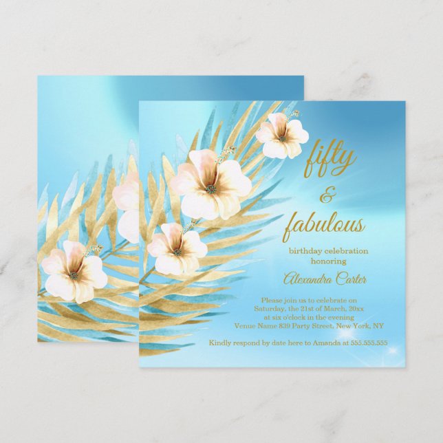 Invitation Fabuleux 50e anniversaire bleu Turquoise or blanc  (Devant / Derrière)