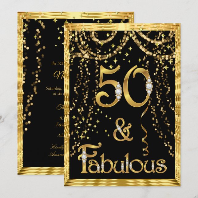 Invitation Fabuleux 50e anniversaire de fête Gold Black Confe (Devant / Derrière)