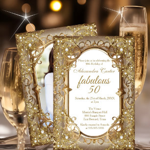 Invitation Fabuleux 50e anniversaire de la photo beige Golden