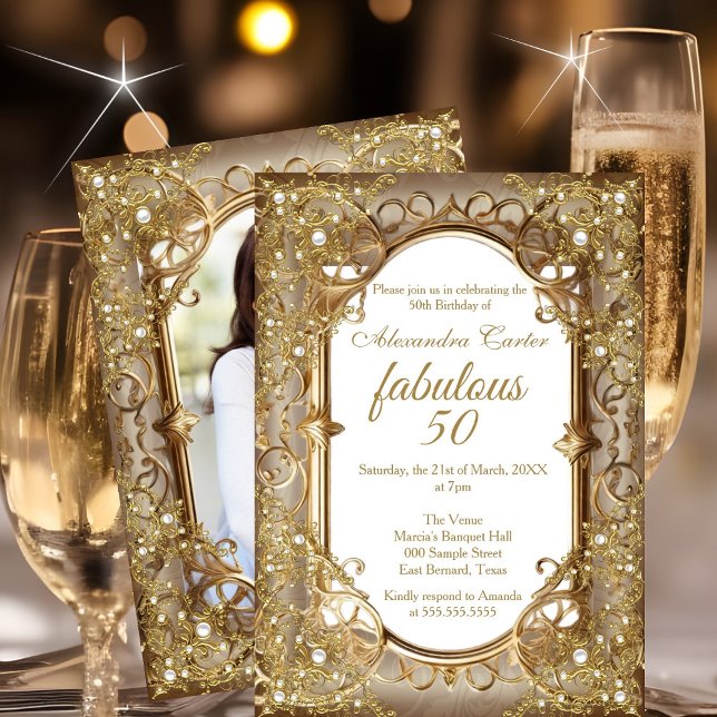 Invitation Fabuleux 50e anniversaire de la photo beige Golden (Créateur téléchargé)