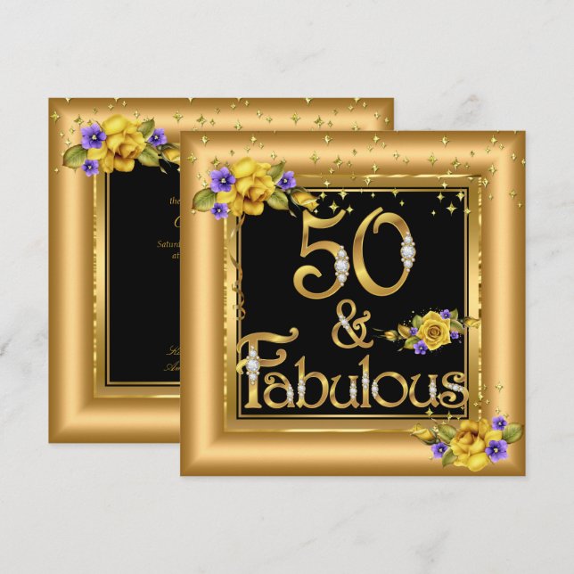 Invitation Fabuleux 50e anniversaire fête Gold Jaune Noir (Devant / Derrière)