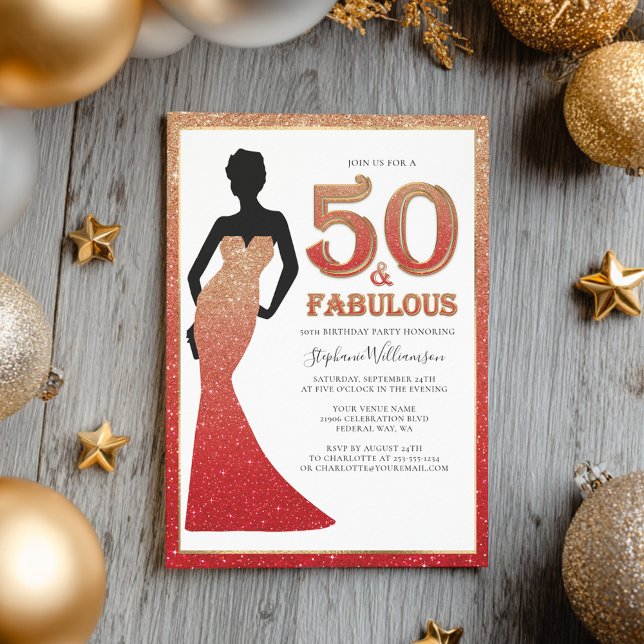 Invitation Fabuleux 50e anniversaire Ombre Parties scintillan (Fabulous 50th Birthday Ombre Glitter Gown Invitation)