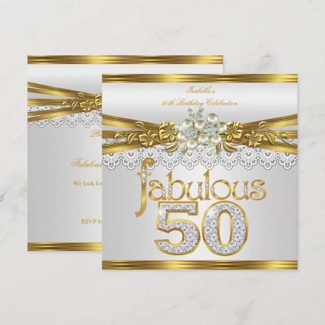 Invitation Fabuleux 50e anniversaire White Pearl Gold dentell (Devant / Derrière)