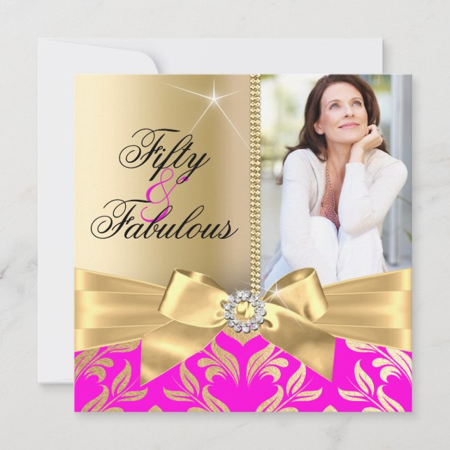 Invitation Fabuleux 50e Pink Gold Leaf & Bow 50e anniversaire (Devant)