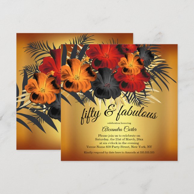 Invitation Fabuleux 50ème Gold Red Orange Black Hibiscus fête (Devant / Derrière)
