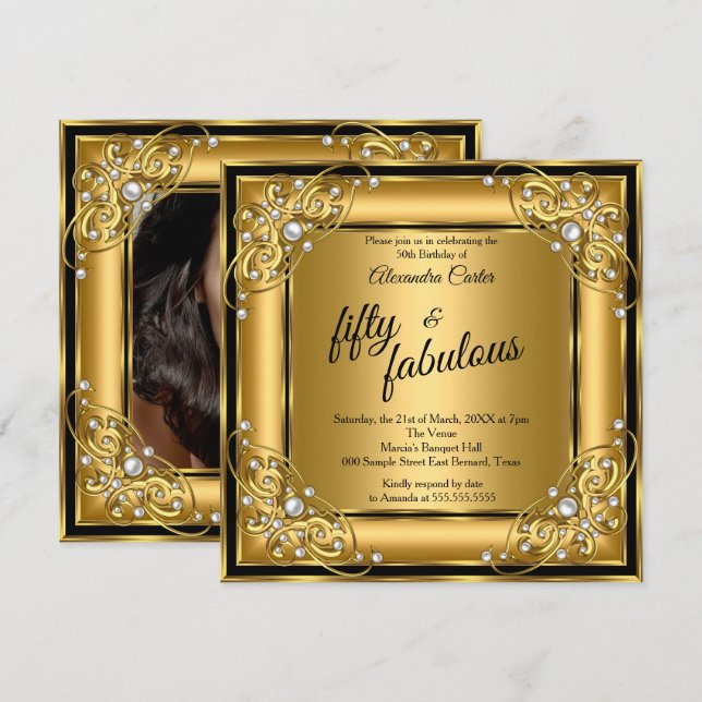 Invitation Fabuleux 50ème Photo Black Gold fête anniversaire (Devant / Derrière)