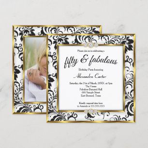 Invitation Fabuleux 50ème Photo Black white Gold Damask Party