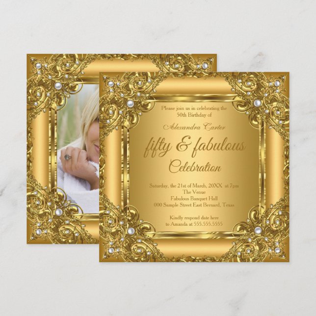Invitation Fabuleux 50ème Photo Gold sur Gold Pearl Party (Devant / Derrière)