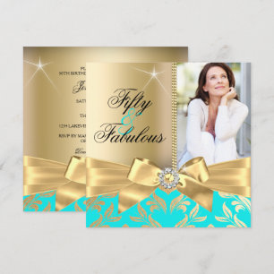 Invitation Fabuleux 50ème Turquoise Gold Leaf & Bow 50ème ann