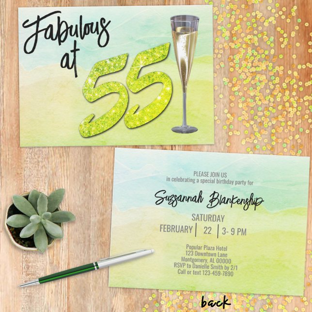 Invitation Fabuleux 55 Anniversaire Pastel Vert Aquarelle (This eye-catching green faux glittery birthday invitation is ready for your personalization.)