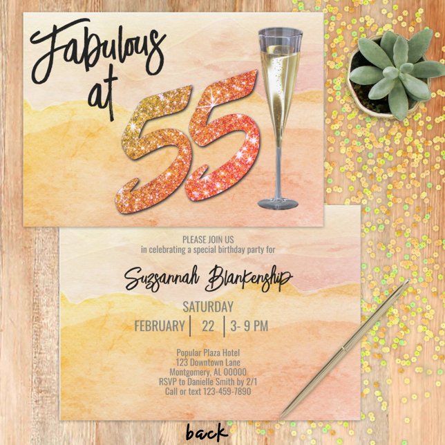 Invitation Fabuleux 55 Party Manhattan Aquarelle Arrière - pl (Grab their attention with this custom faux glitter 55th birthday party invitation. )