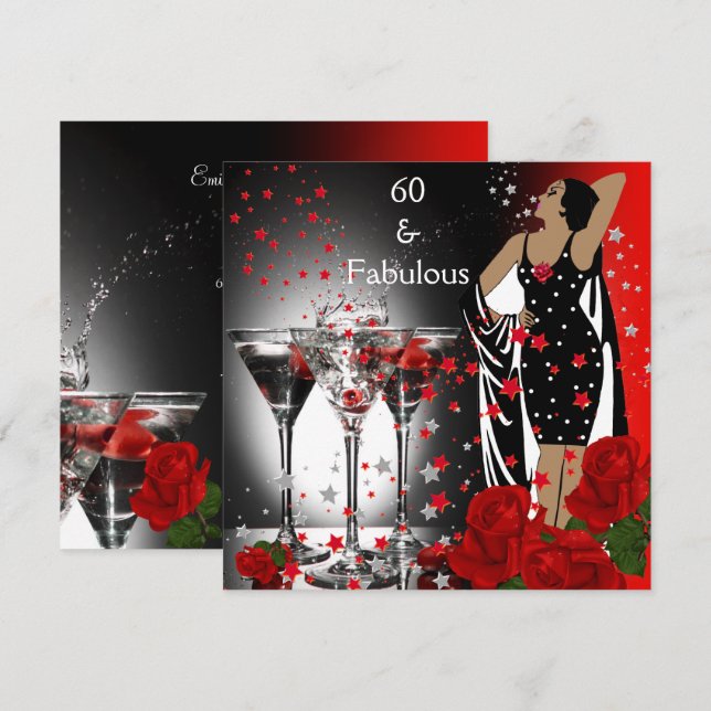 Invitation Fabuleux 60 60e Anniversaire Fête Rouge Roses Mart (Devant / Derrière)