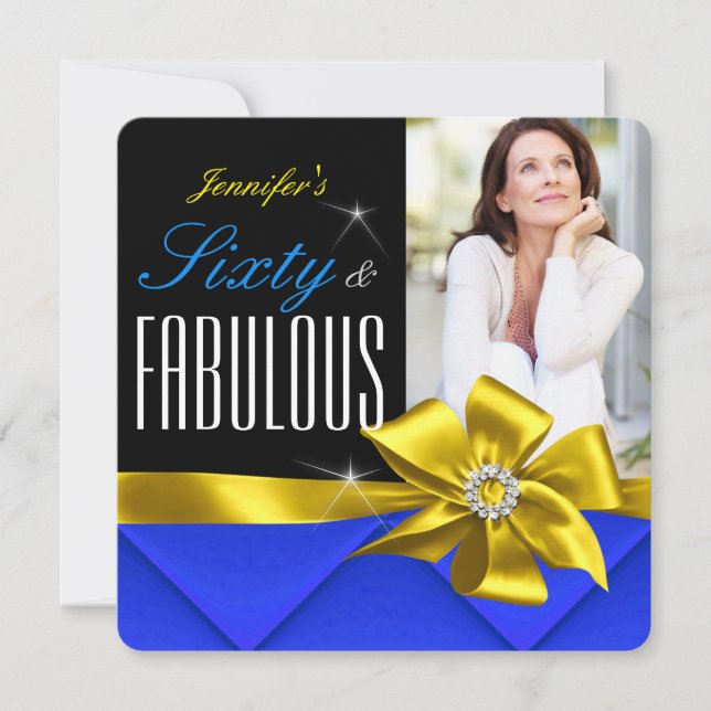 Invitation Fabuleux 60 Blue Yellow Bow Photo Anniversaire (Devant)