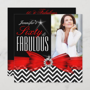 Invitation Fabuleux 60 Rouge Chevron Noir Blanc Anniversaire 