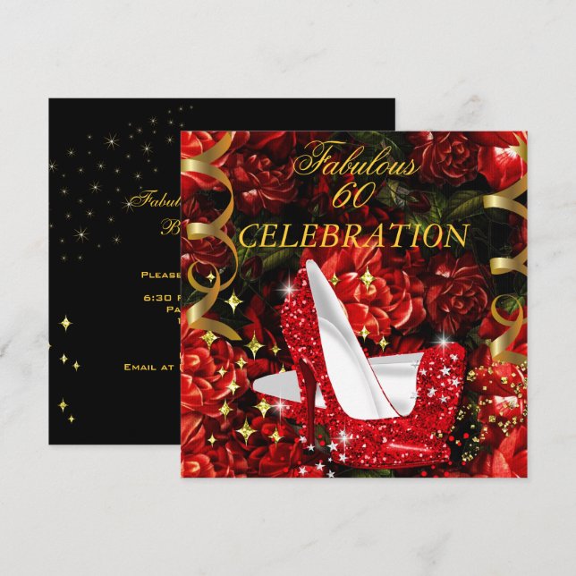 Invitation Fabuleux 60 Woman's Red Gold High Heels Floral (Devant / Derrière)