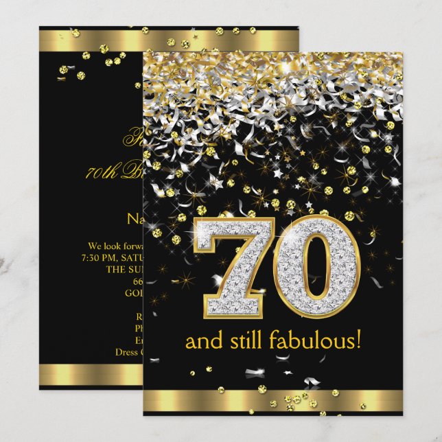 Invitation Fabuleux 70 Gold Silver Streamers 70e anniversaire (Devant / Derrière)