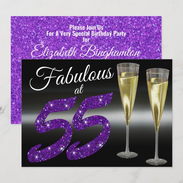 Invitation Fabuleux à 55 Fille Anniversaire Purple Parties sc (Devant / Derrière)