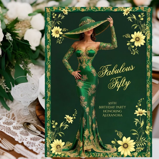 Invitation Fabuleux anniversaire Emerald Gold Woman Floral (Créateur téléchargé)