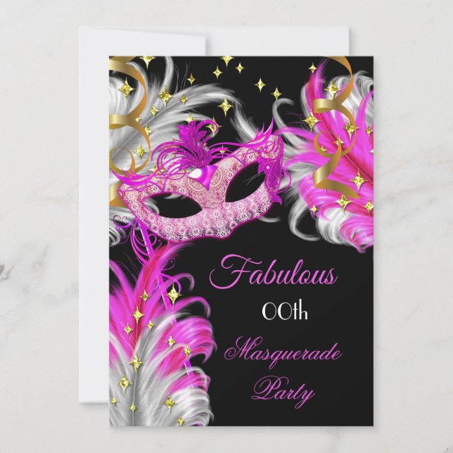 Invitation Fabuleux anniversaire Hot Pink Gold Masquerade Par (Devant)