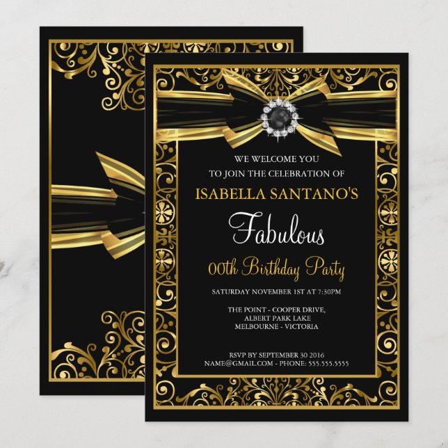 Invitation Fabuleux Anniversaire Pearl Gold Lace Bow Invitati (Devant / Derrière)