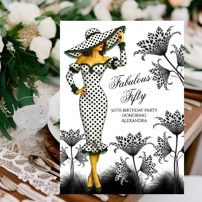 Invitation Fabuleux Anniversaire Polka Dot Femme Noir Blanc (Créateur téléchargé)