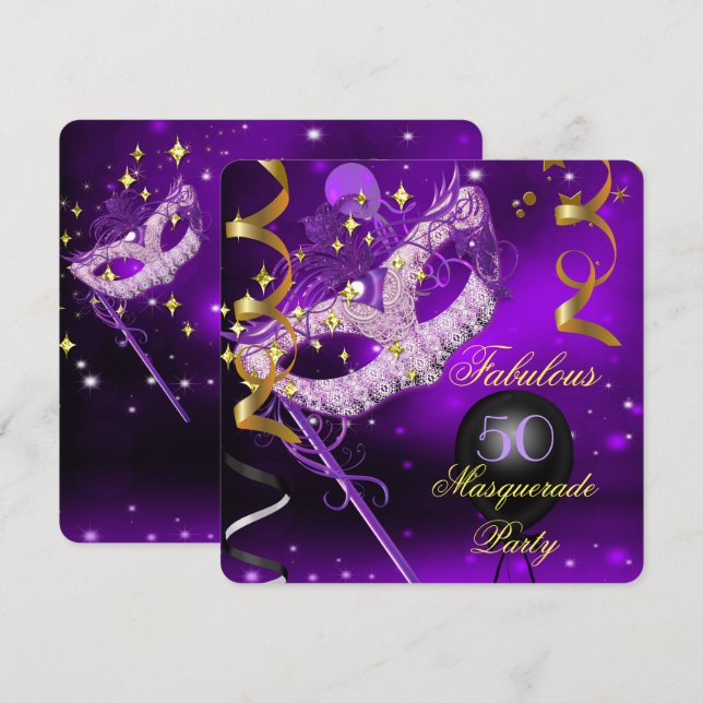 Invitation Fabuleux anniversaire Purple Gold Masquerade Party (Devant / Derrière)