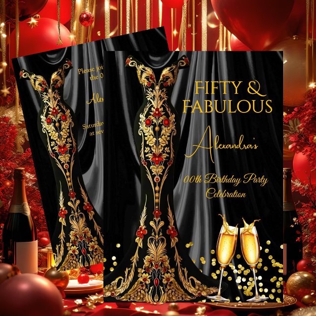 Invitation Fabuleux Anniversaire Rouge Noir Robe Champagne (Créateur téléchargé)
