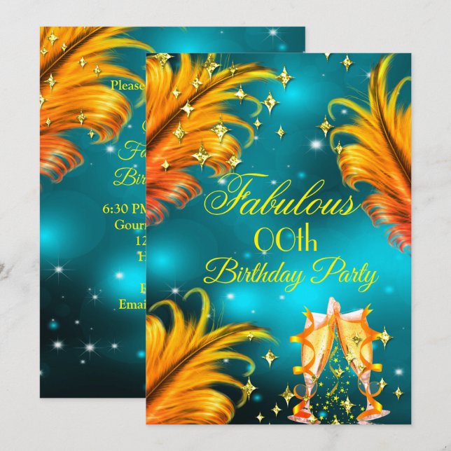 Invitation Fabuleux anniversaire turquoise Gold Jaune Champag (Devant / Derrière)