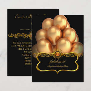 Invitation Fabuleux Black Gold Balloons fête d'anniversaire