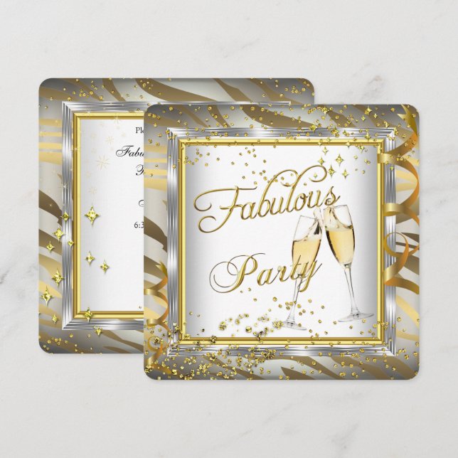 Invitation Fabuleux Champagne de fête Zebra Cream Gold Argent (Devant / Derrière)