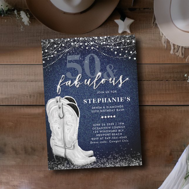 Invitation Fabuleux Denim Diamonds Boot Country 50e anniversa (50th birthday invitation women denim diamonds cowgirl boots country elegant classy chic bling glitz )
