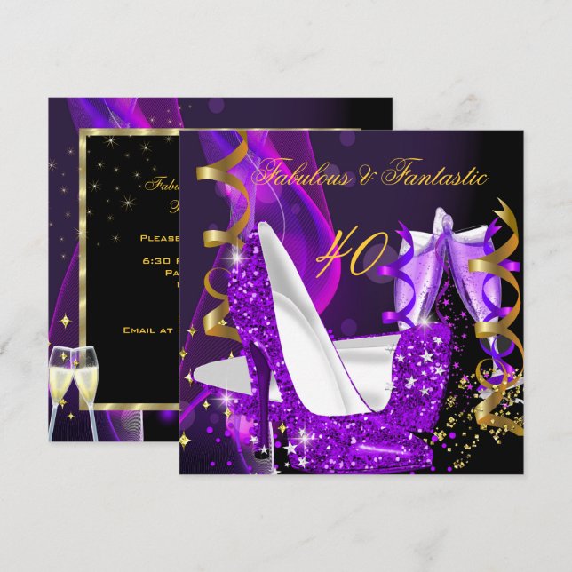 Invitation Fabuleux Fantastique Moderne Purple Or Anniversair (Devant / Derrière)