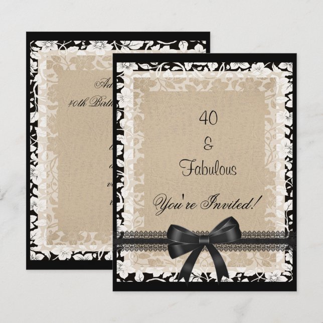 Invitation Fabuleux fête 40e Noir Blanc Beige Floral (Devant / Derrière)