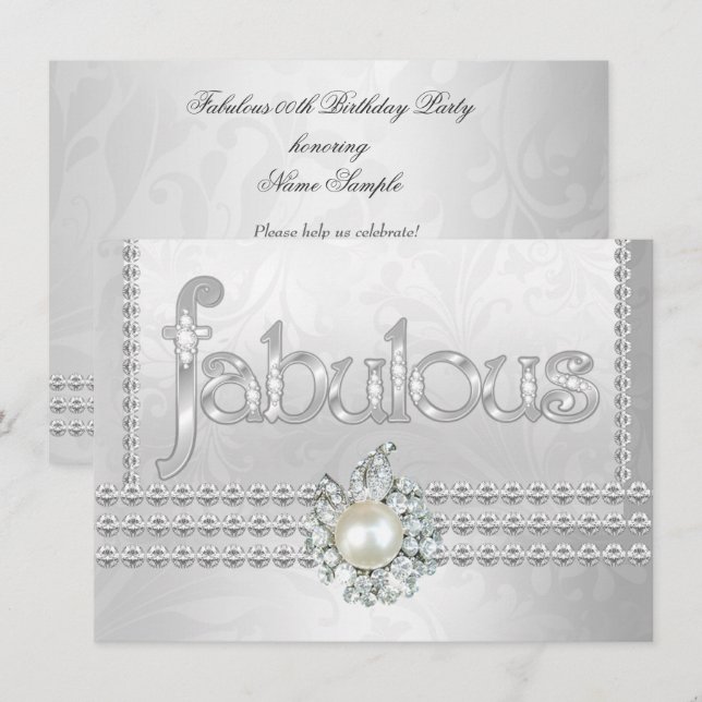 Invitation Fabuleux fête d'anniversaire argent Diamant blanc  (Devant / Derrière)