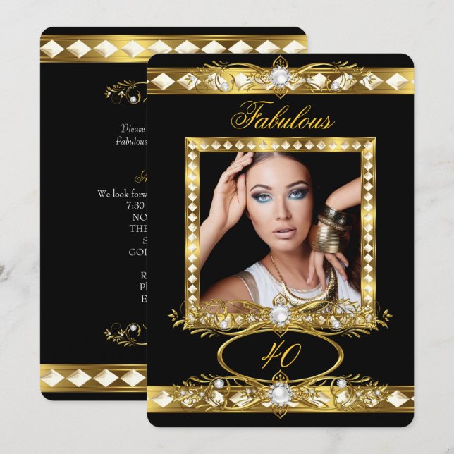 Invitation Fabuleux fête d'anniversaire Pearl Black Gold Phot (Devant / Derrière)