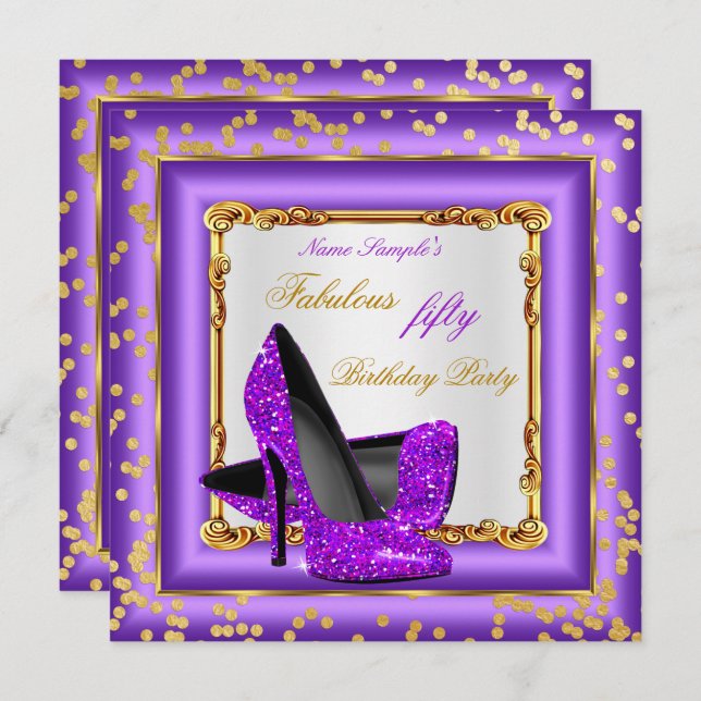 Invitation Fabuleux fête d'anniversaire violet or talons haut (Devant / Derrière)