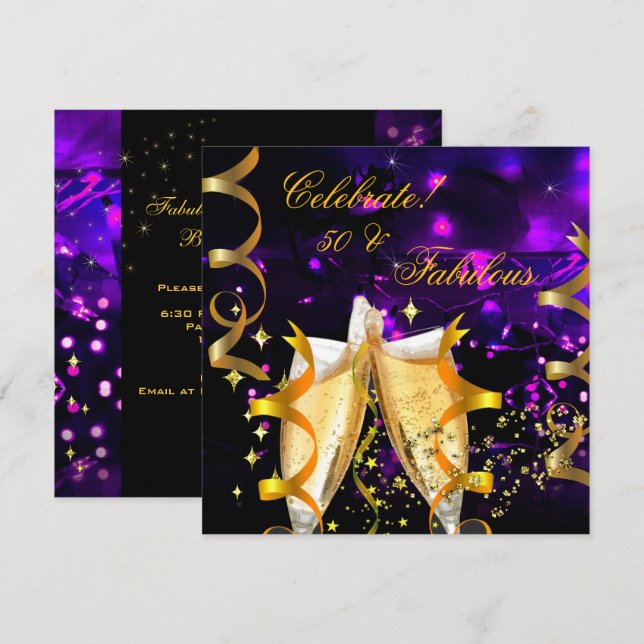 Invitation Fabuleux Gold Lights Champagne fête d'anniversaire (Devant / Derrière)